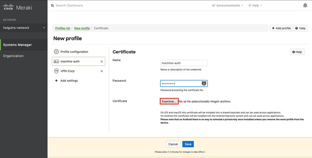 Menu to configure credentials (certificate)