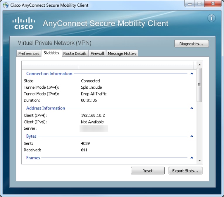 AnyConnect Secure Mobility Client 통계 탭