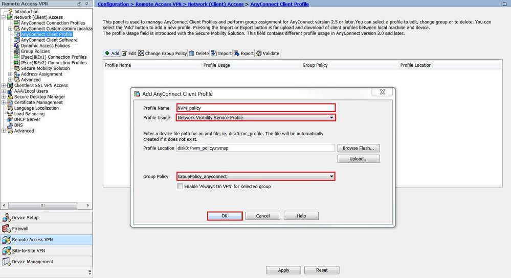 Configure NVM client profile via ASDM - Assign profile to group policy