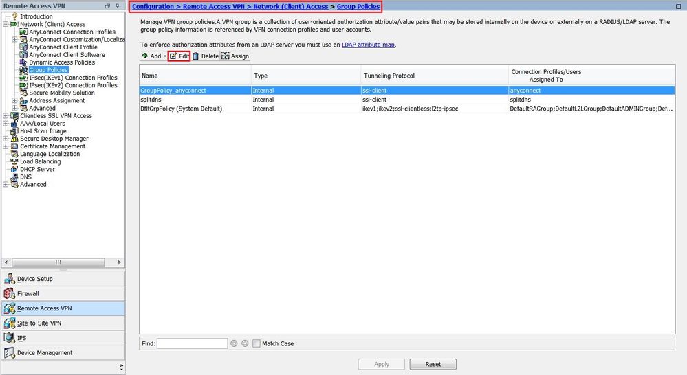 Configure web deployment on ASA - Select the policy and click Edit