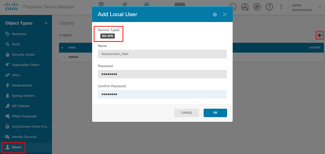 Create VPN Local Users for AnyConnect Connection in FDM GUI