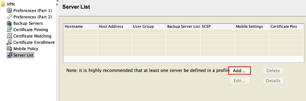 XML profile: Server list