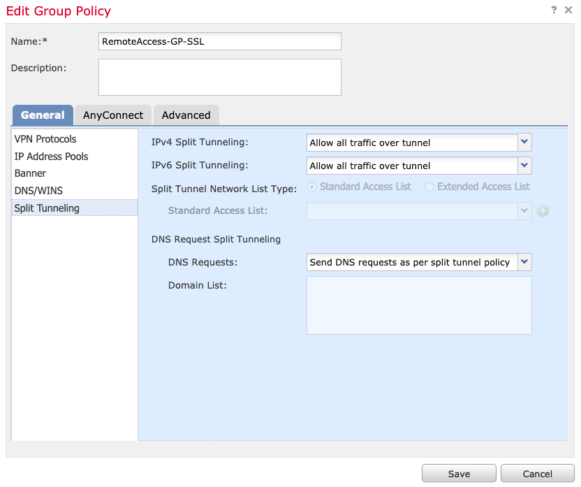 Group policy: Split tunnel configuration