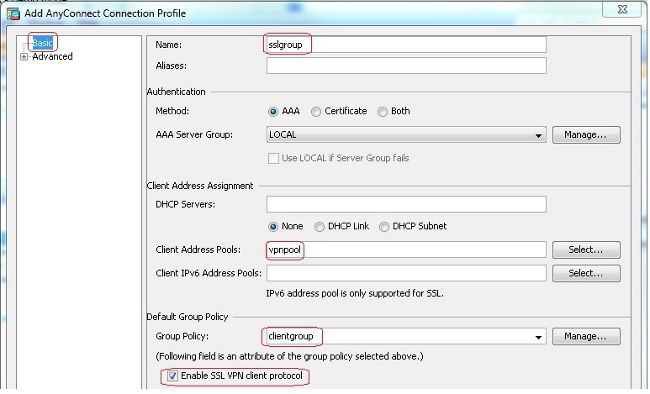 Define name, address pool, and group policy for the Tunnel group