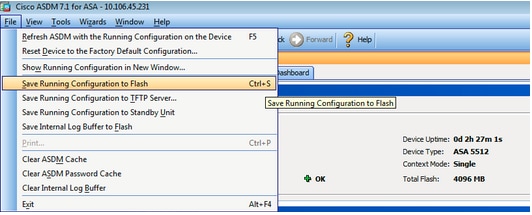 Save Running Configuration to Flash menu selection
