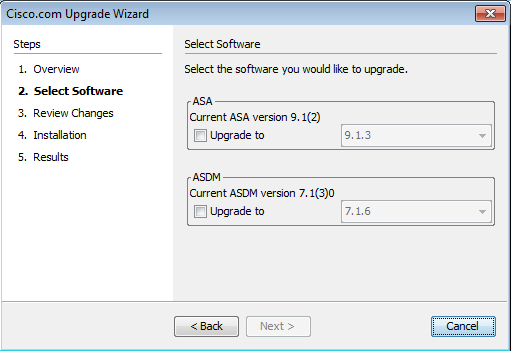 Upgrade Wizard software selection dialog box