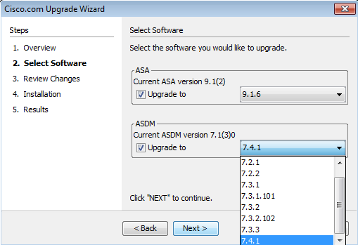 Upgrade Wizard ASDM software selected dialog box