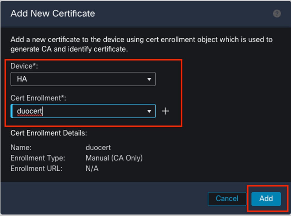 Screenshot of added certificate enrollment object and device