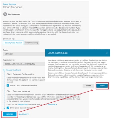 Seleccione Registrar y aceptar información de Cisco