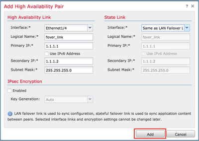 FTD High Availability on Firepower - Add High Availability Link, State Link, and IPsec Encryption