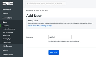 Add the User on the Duo Cloud Administration Webpage