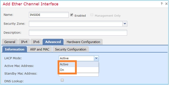 Mode (LACP Active or ON) are Configured from the Advanced Tab