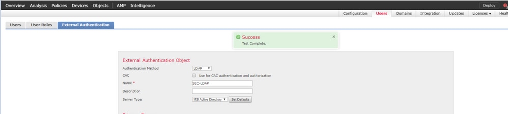 Perform Test for External Authentication Object Configuration in Cisco FMC