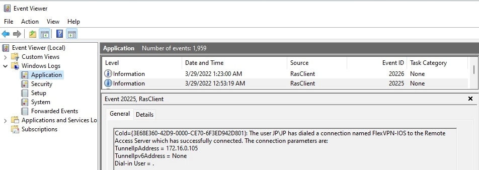 Windows eventviewer logs for RasClient