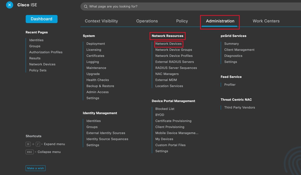 ISE General Menu - Network Resources