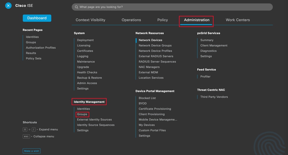 ISE General Menu - Identity Management Groups