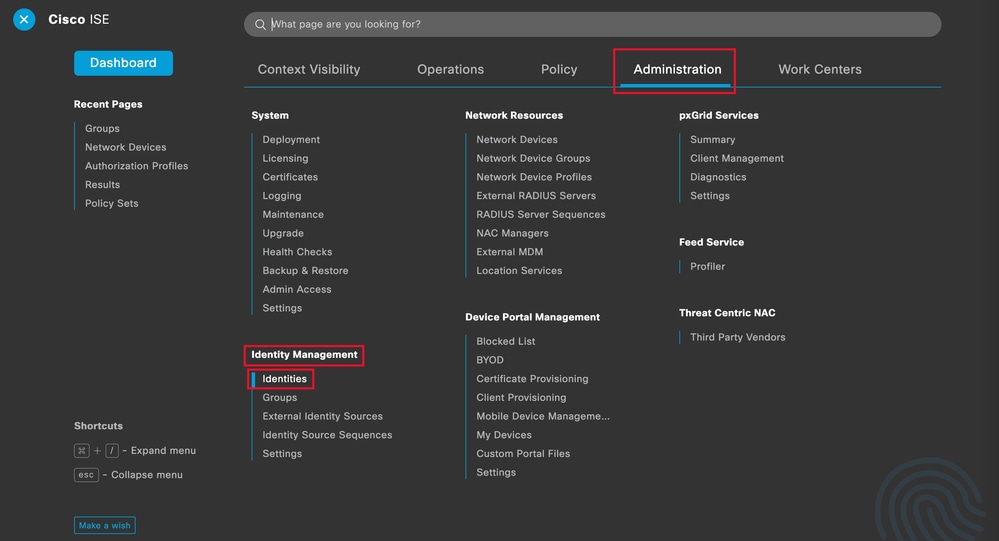 ISE General Menu - Identity Management Identities