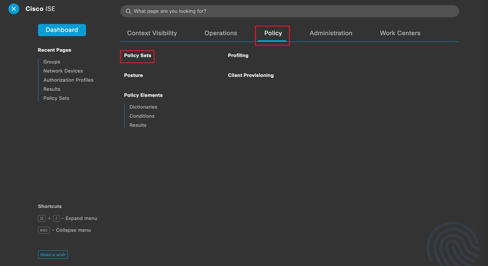 ISE General Menu - Policy Sets