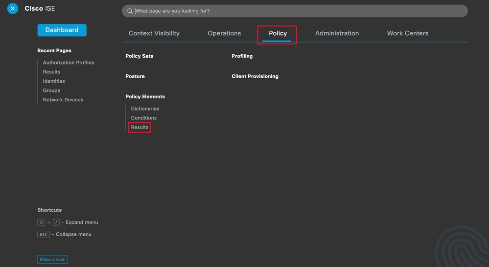 ISE General Menu - Policy Results