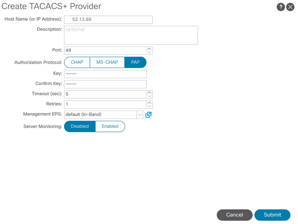 APIC TACACS Provider Settings