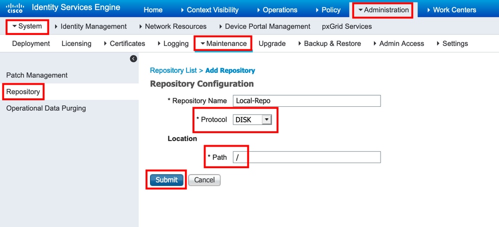Enter configuration parameters for a local repository and click Submit
