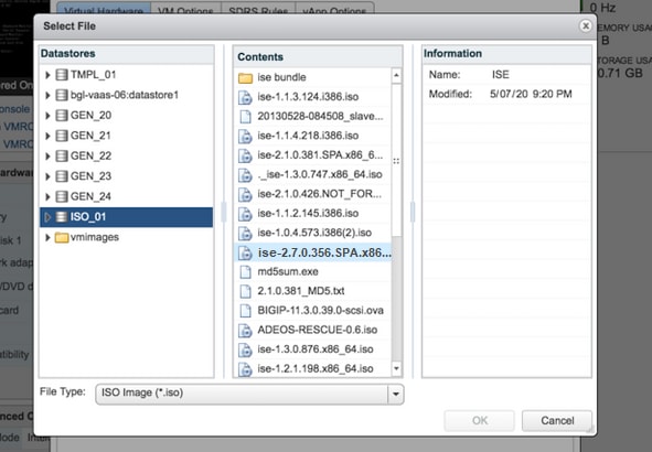 Browse to the ISE version ISO under datastore ISO file