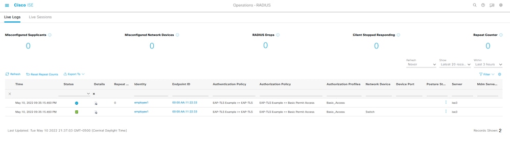 Configure EAP-TLS Authentication with ISE - Example Output from RADIUS/Live Logs