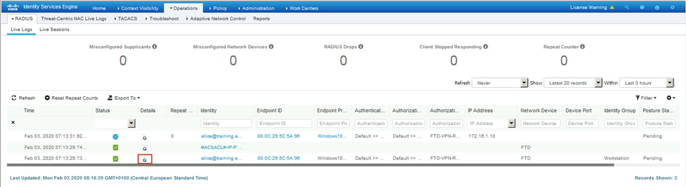 ISE Live log - user Alice is connected and the expected authorization policy