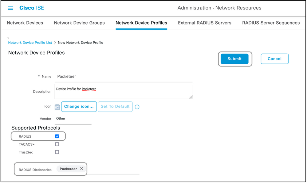 Add Cisco ISE Network Device Profiles, then Submit