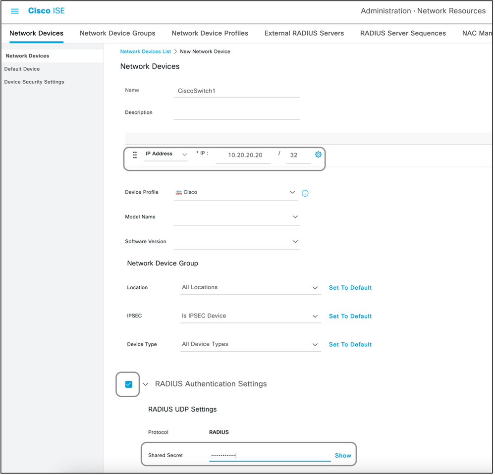 Cisco ISE Network Devices Select IP RADIUS Authentication Settings