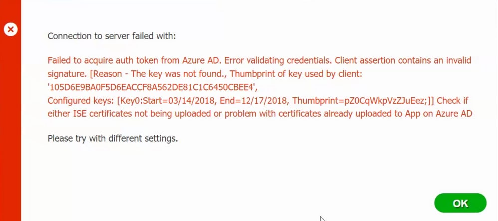 Integrate Intune MDM with ISE - Failed to Acquire Auth Token from Azure AD Error Message