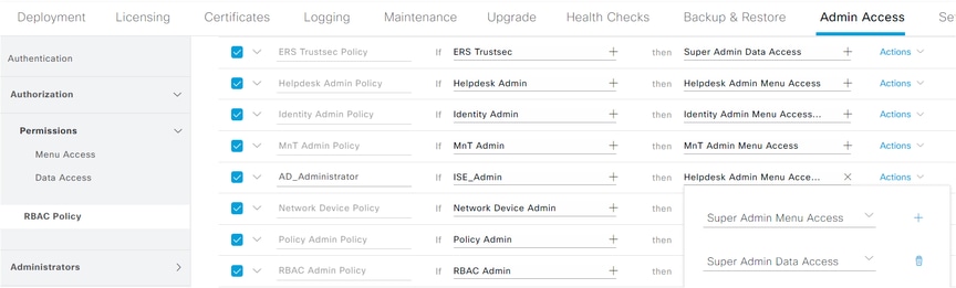 Integrazione di Microsoft Active Directory per Cisco ISE - Impostazione delle autorizzazioni RBAC per il gruppo amministrativo