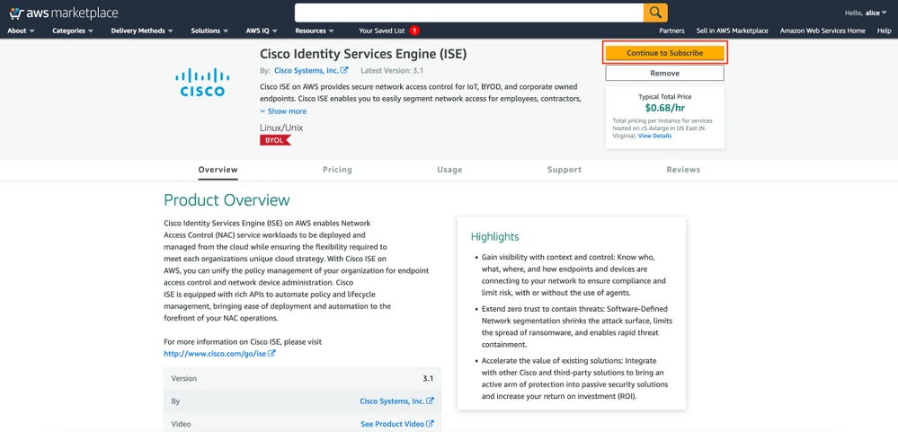 Cisco ISE on AWS - Go to Subscription