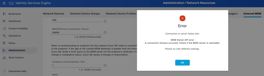 MDM error connection timeout