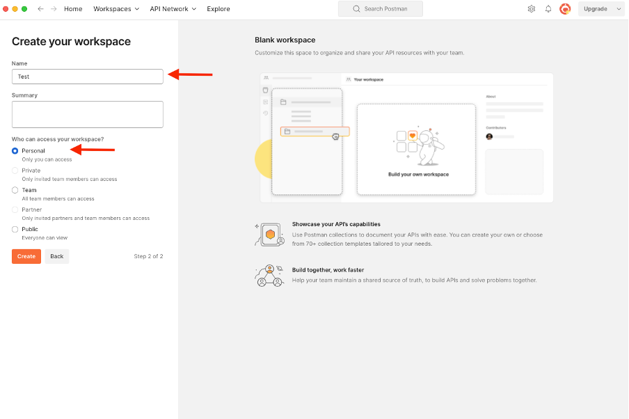 Create Workspace Name and Access Type