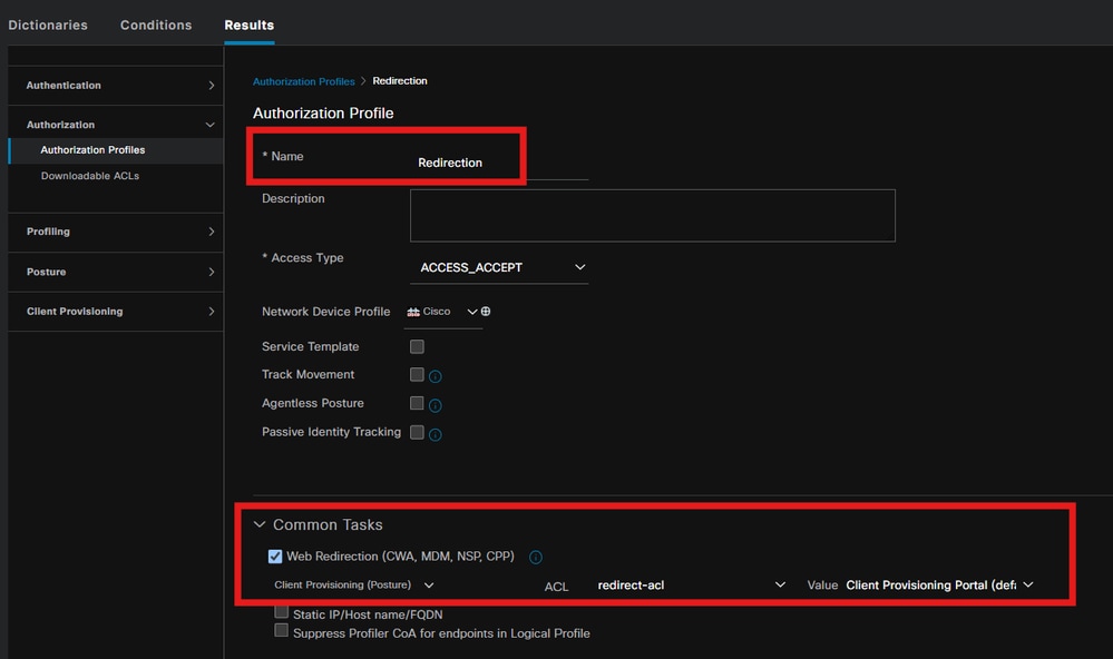 Select Client Provisioning Portal with Redirect ACL