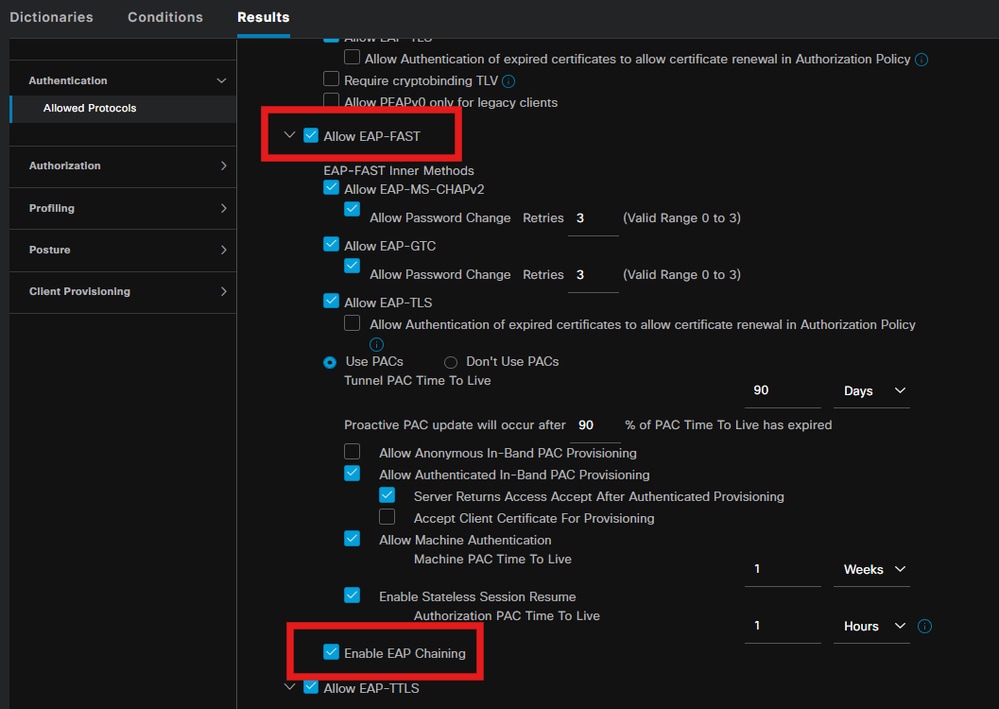 Allow EAP-FAST and Enable EAP Chaining