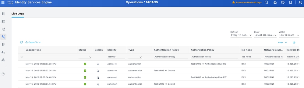 Operation TACACS Live Logs