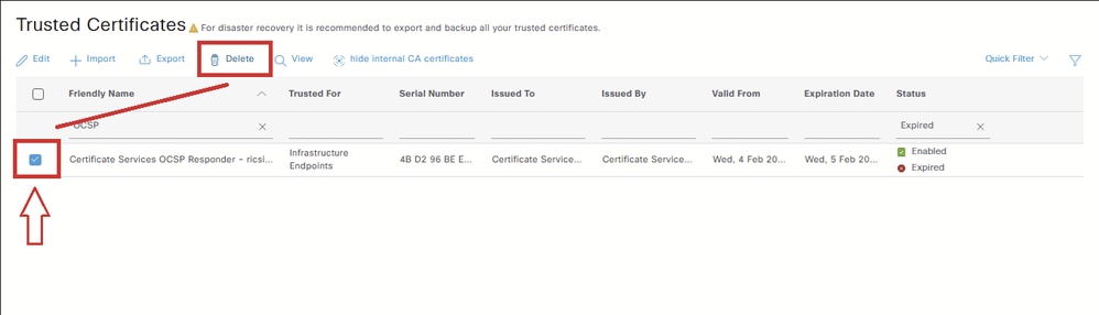 Select Checkbox next to OCSP Responder Certificate that must be Removed