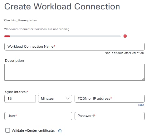 Create Workload Connection Page reporting that the Workload Connector services are not running