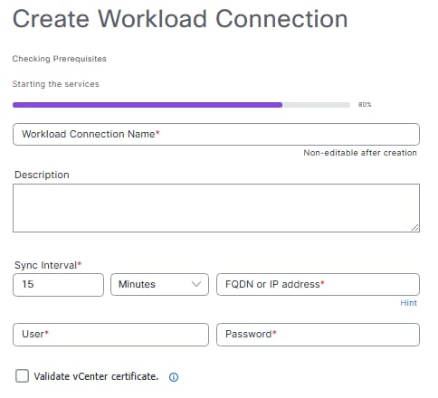 Create Workload Connection Page showing the Workload Connector Services