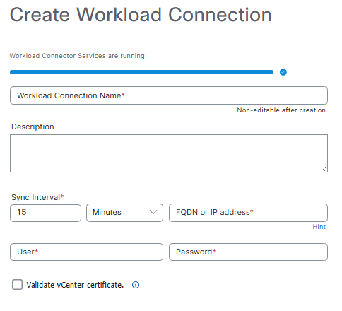 Create Workload Connection Page Confirming that the Workload Connector Services are Running
