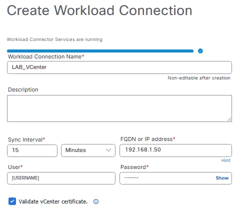 Create Workload Connection Page with vCenter Connection Detail Fields