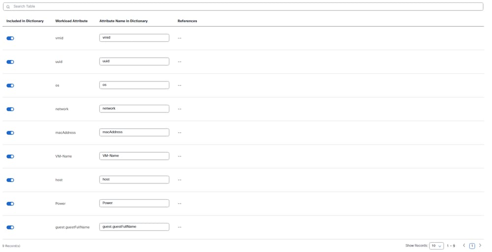 Manage Attributes Page Scrolled to Show the Complete List of Learned vCenter attributes and the record count