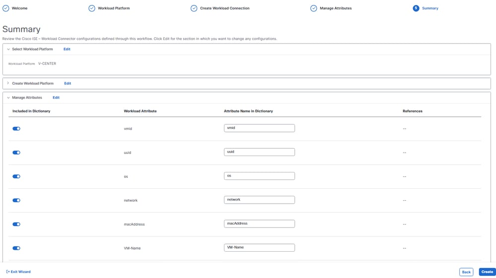 Summary Page Showing the Selected V-CENTER Workload Platform and the Attributes that are Included in the Dictionary