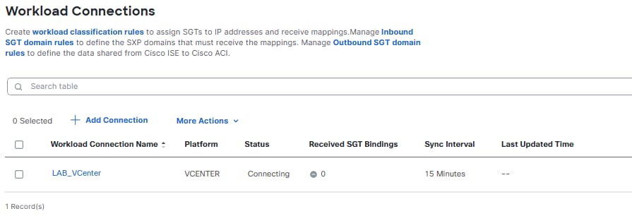 Workload Connections Page Listing the new vCenter Connector in the Connecting State