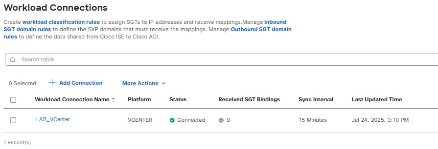 Workload Connections Page Showing the vCenter Connector with a Connected Status.