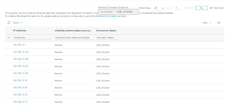 Workload Connector Endpoints View under Context Visibility, Listing vCenter Workload Endpoints