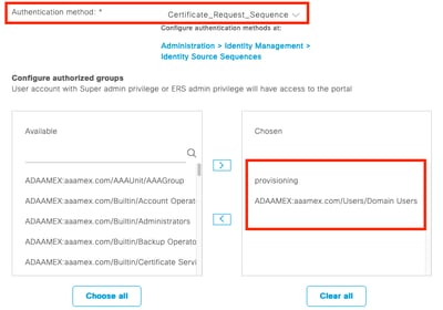 Authentication Method and Authorized Groups in Portal Settings