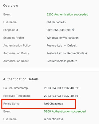 Policy Server in Live Log Details